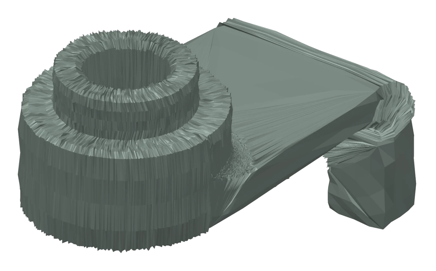 The raw scan of a bracket: a mesh of 64,768 flat triangles, faceted and noisy